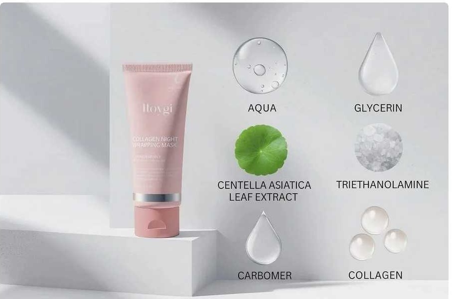 Collagen night mask tube with aqua, glycerin, centella asiatica and collagen