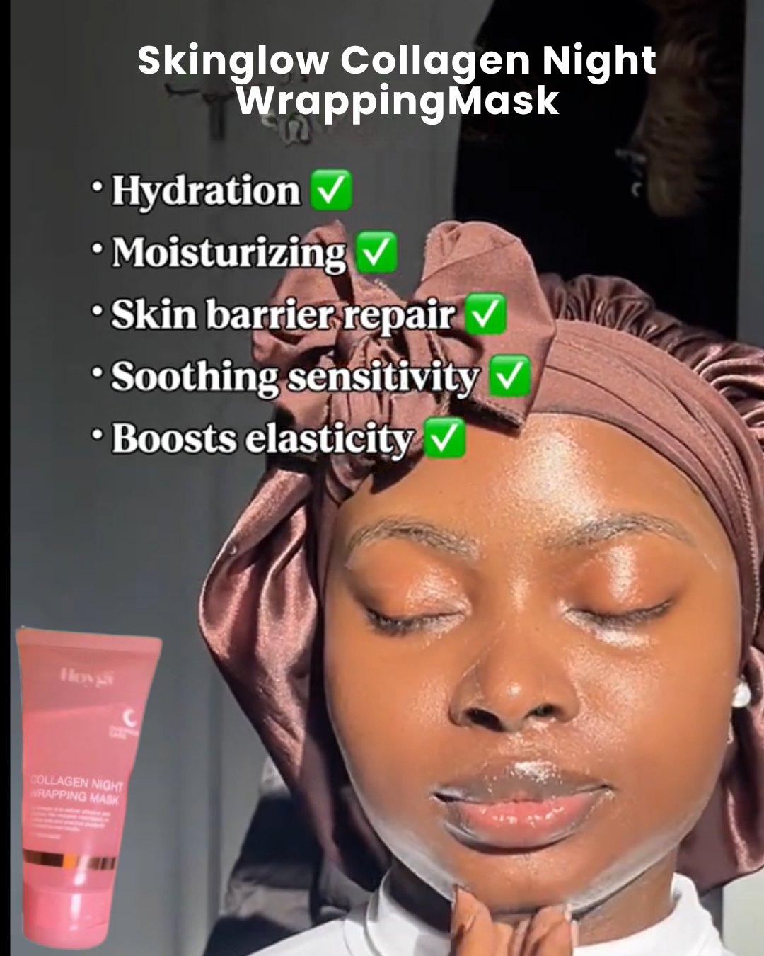 SkinGlow collagen night mask features - hydration, moisturizing, skin barrier repair, elasticity