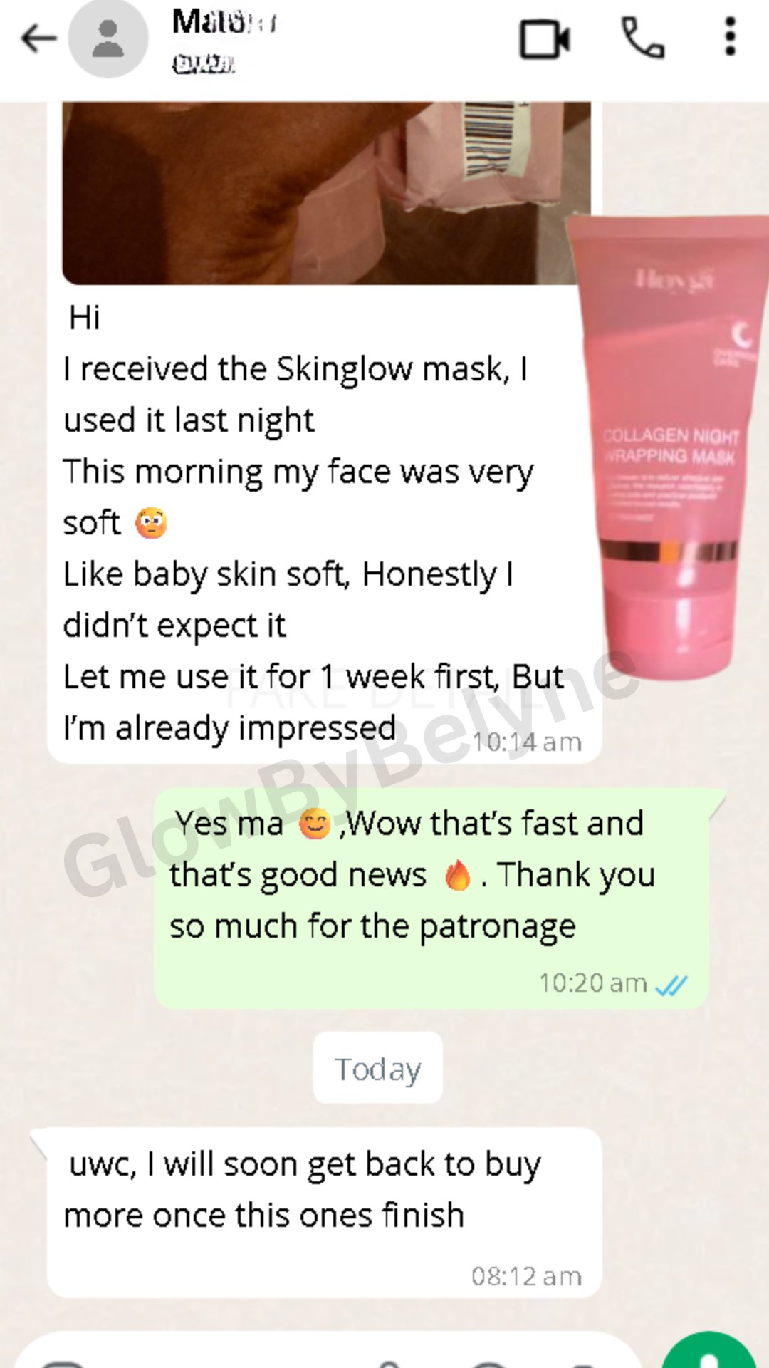 WhatsApp conversation with a customer about the collagen night mask